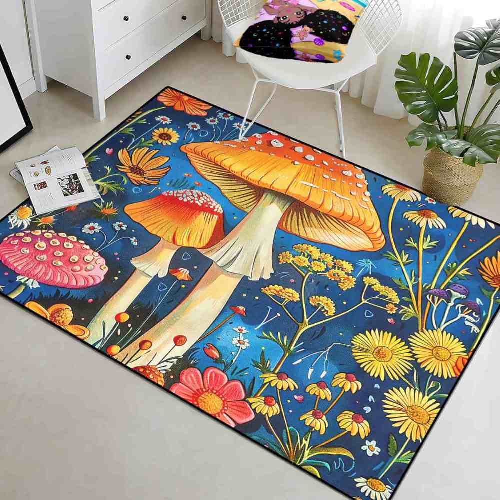 Cheerful Daisy & Orange Mushroom Area Rug Upgrade Ultra Non-Slip | CozyLil