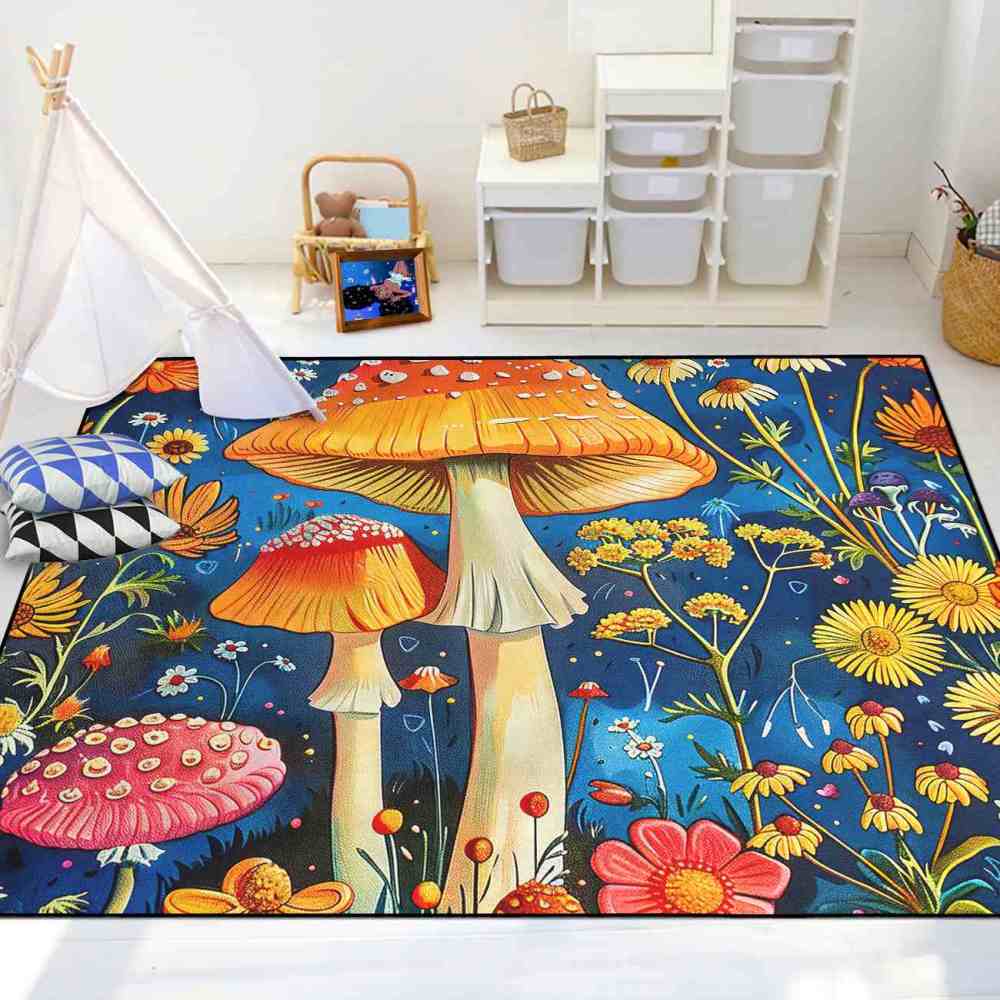 Cheerful Daisy & Orange Mushroom Area Rug Upgrade Ultra Non-Slip | CozyLil