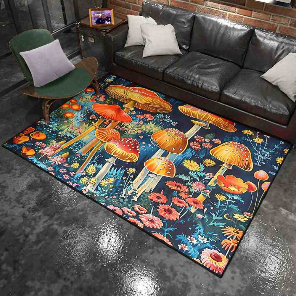 Moody Botanical Red Mushroom Bedroom Rug Upgrade Ultra Non-Slip | CozyLil