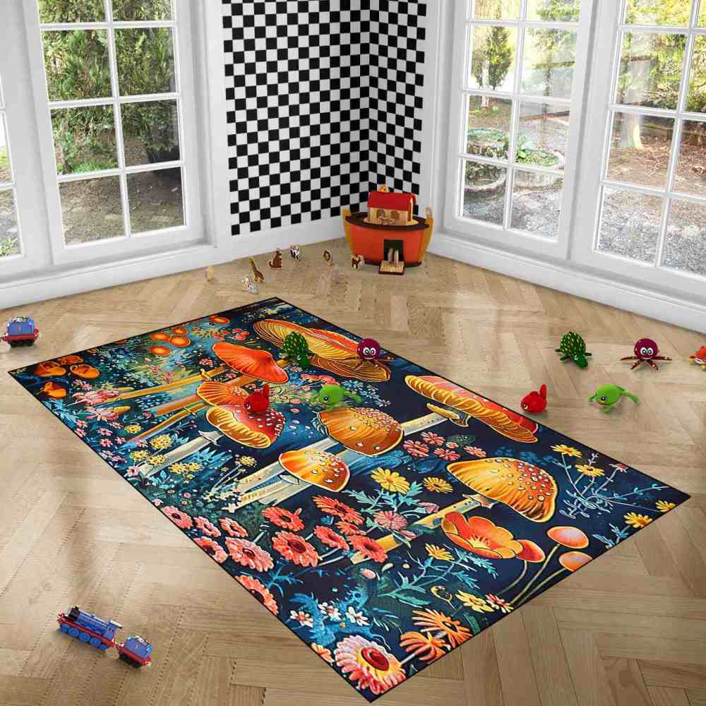 Moody Botanical Red Mushroom Bedroom Rug Upgrade Ultra Non-Slip | CozyLil