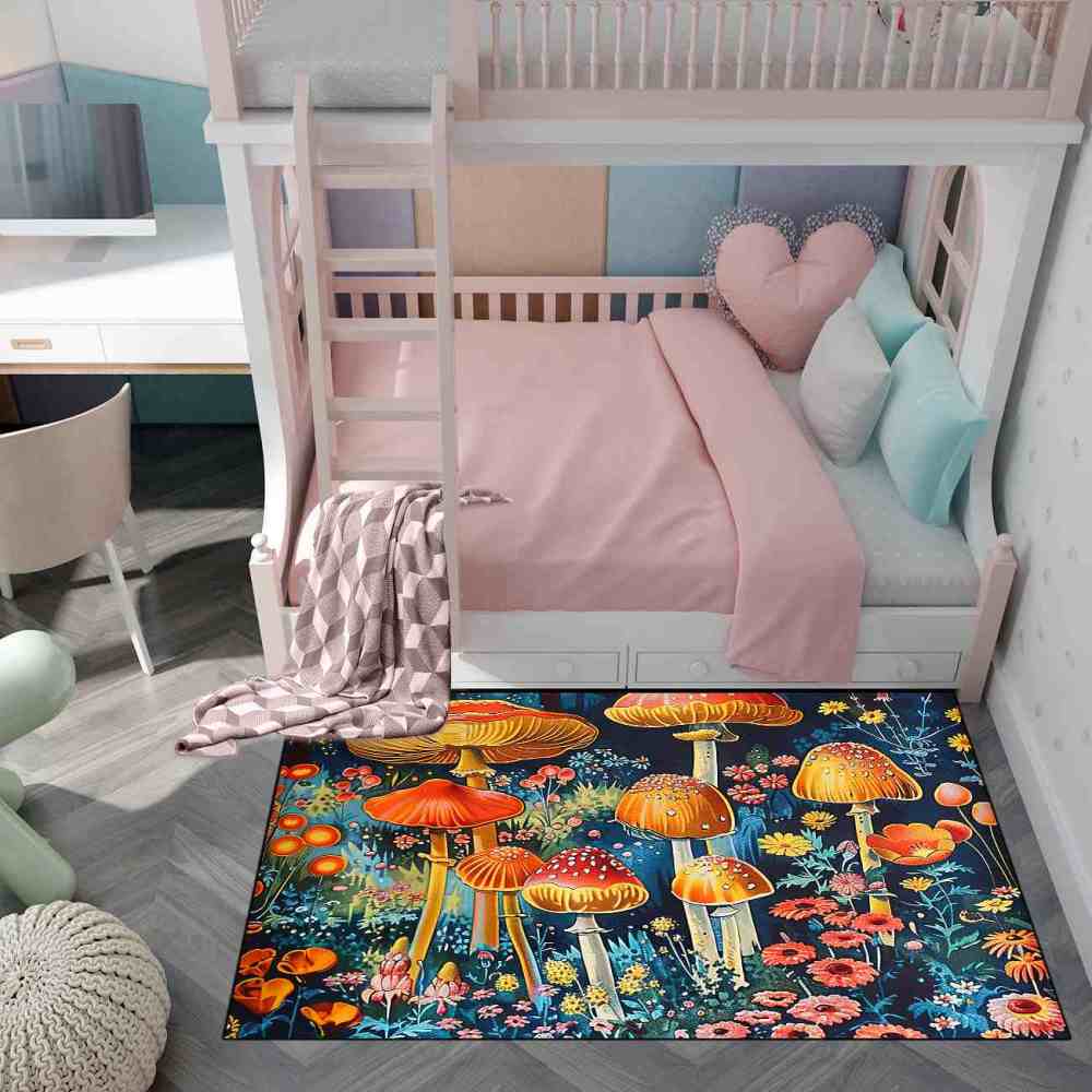 Moody Botanical Red Mushroom Bedroom Rug Upgrade Ultra Non-Slip | CozyLil