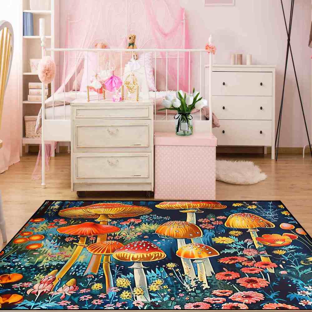 Moody Botanical Red Mushroom Bedroom Rug Upgrade Ultra Non-Slip | CozyLil