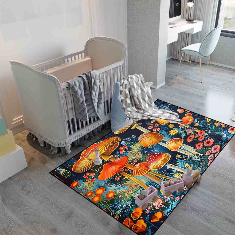 Moody Botanical Red Mushroom Bedroom Rug Upgrade Ultra Non-Slip | CozyLil