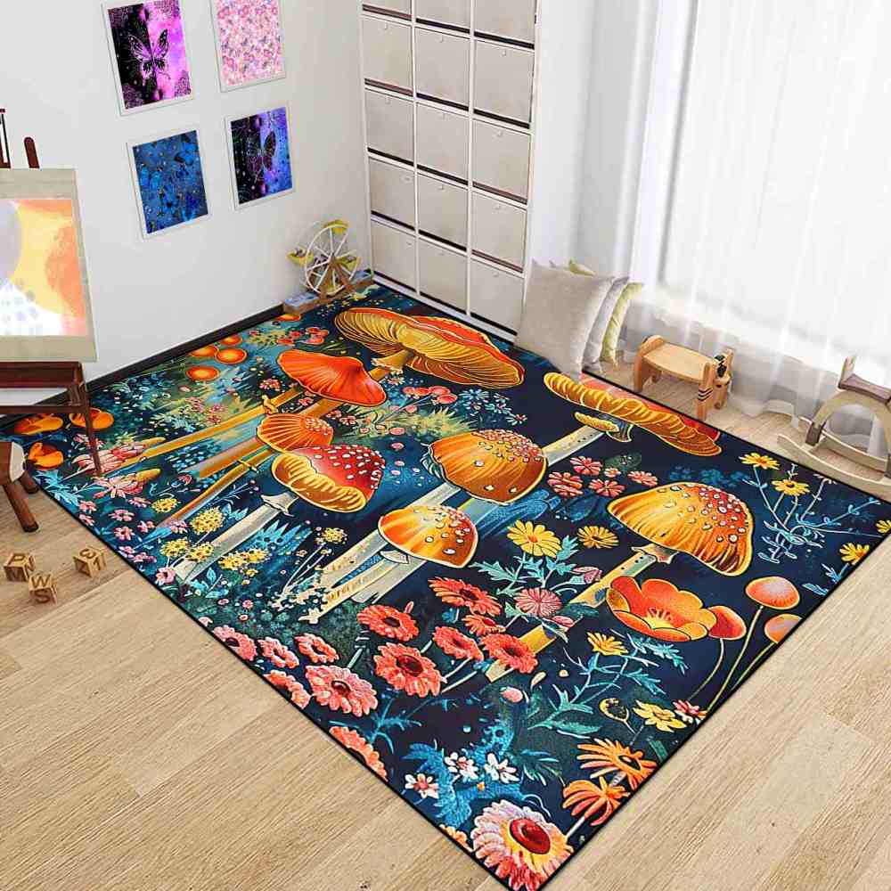 Moody Botanical Red Mushroom Bedroom Rug Upgrade Ultra Non-Slip | CozyLil