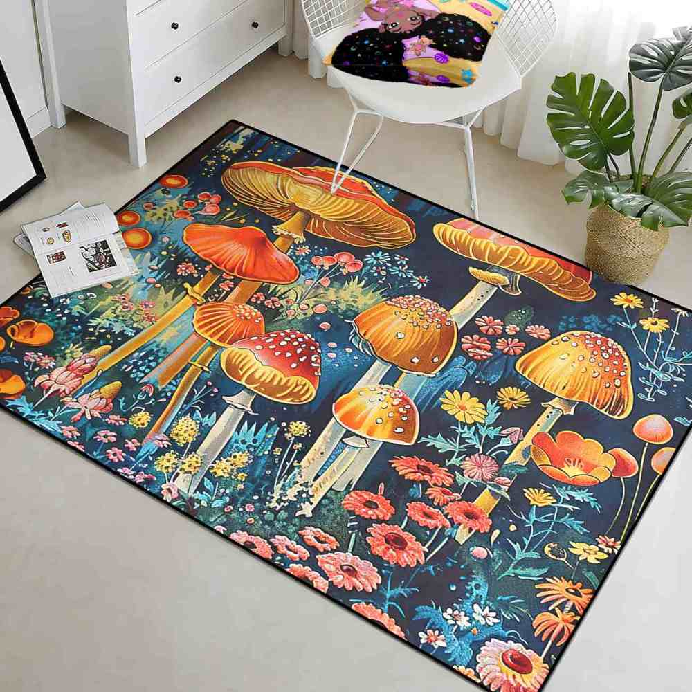 Moody Botanical Red Mushroom Bedroom Rug Upgrade Ultra Non-Slip | CozyLil