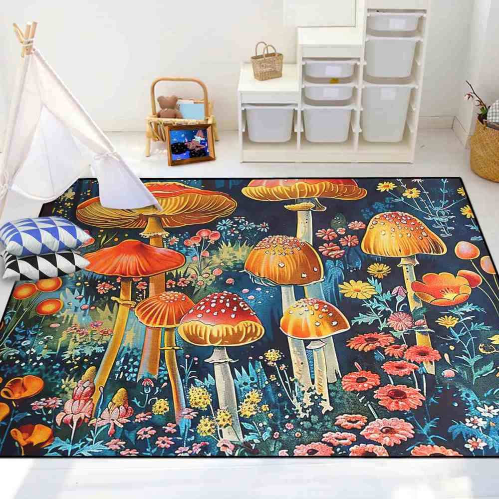 Moody Botanical Red Mushroom Bedroom Rug Upgrade Ultra Non-Slip | CozyLil