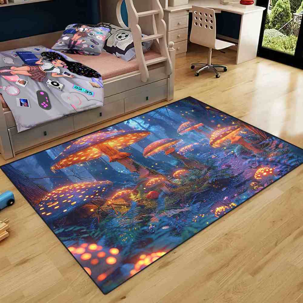 Enchanted Blue Woodland Mushroom Rug Upgrade Ultra Non-Slip | CozyLil