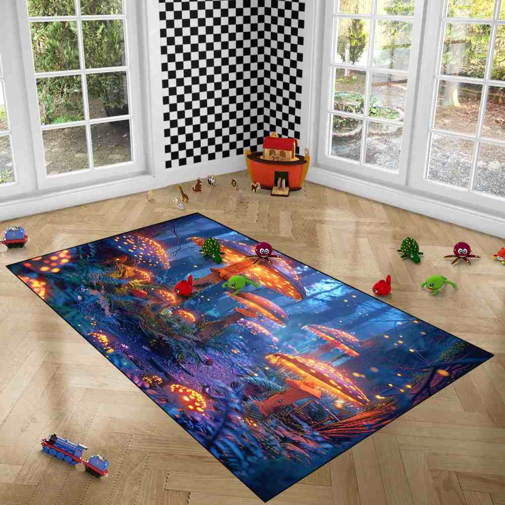 Enchanted Blue Woodland Mushroom Rug Upgrade Ultra Non-Slip | CozyLil