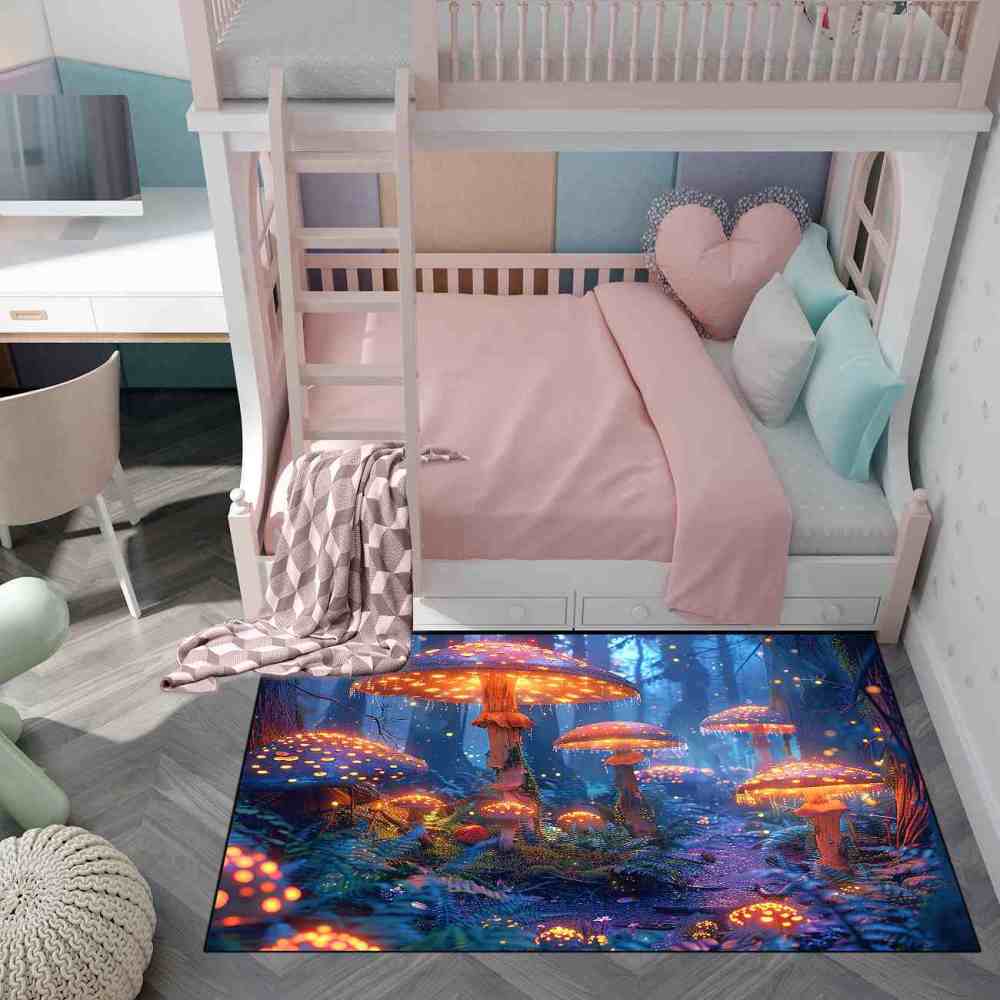 Enchanted Blue Woodland Mushroom Rug Upgrade Ultra Non-Slip | CozyLil