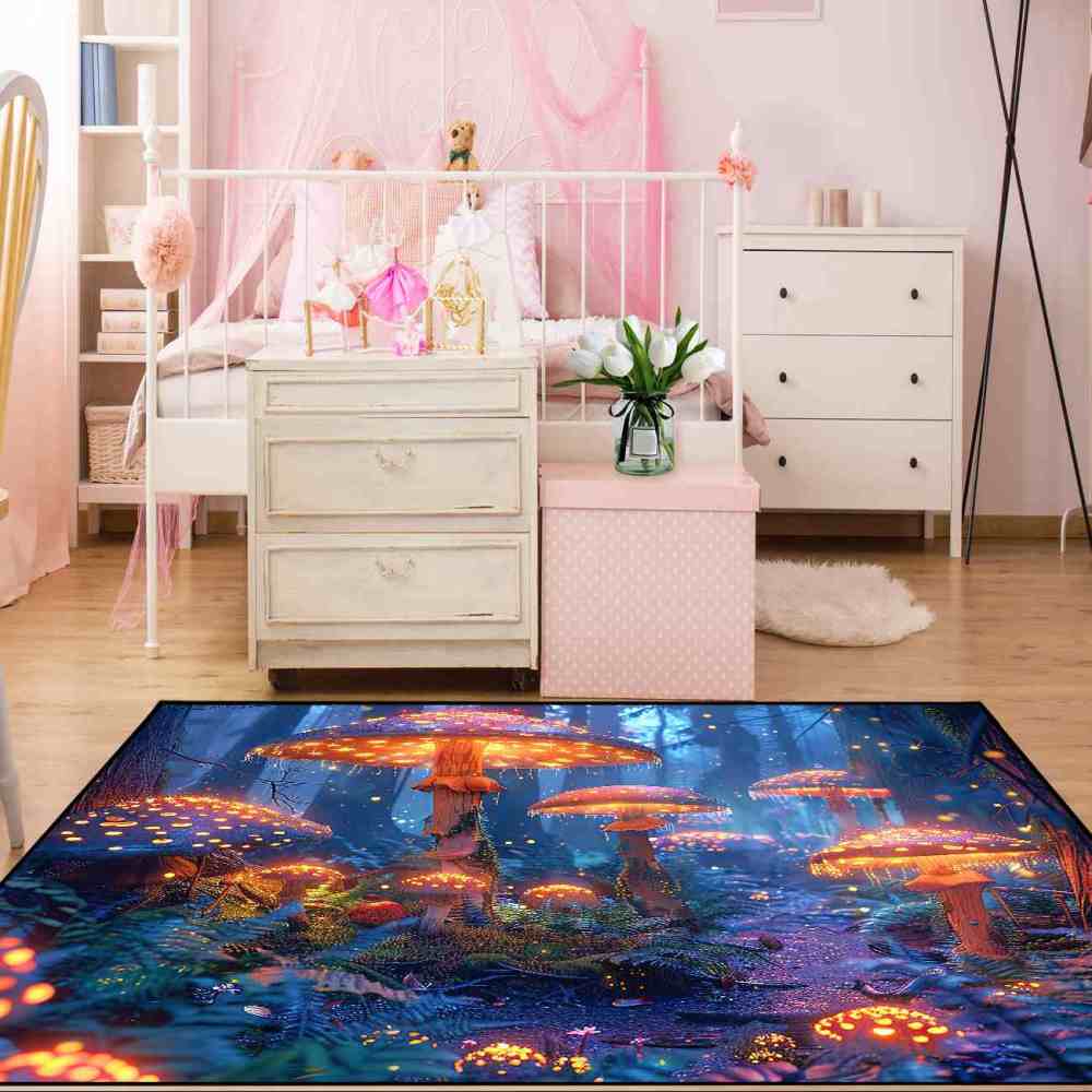 Enchanted Blue Woodland Mushroom Rug Upgrade Ultra Non-Slip | CozyLil