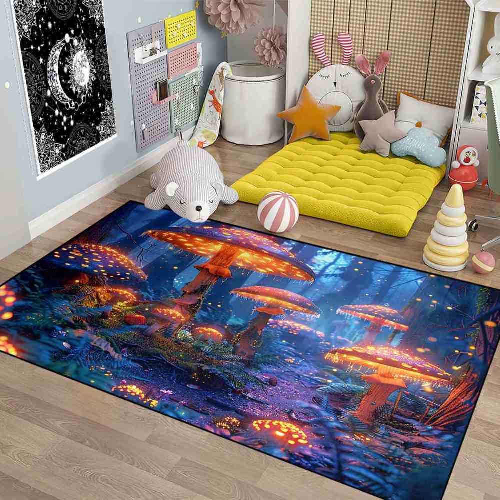 Enchanted Blue Woodland Mushroom Rug Upgrade Ultra Non-Slip | CozyLil