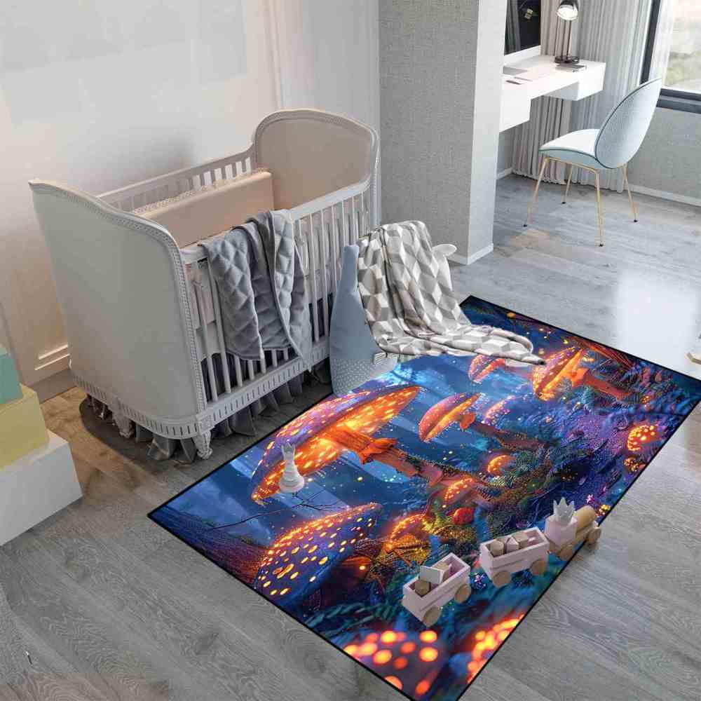 Enchanted Blue Woodland Mushroom Rug Upgrade Ultra Non-Slip | CozyLil