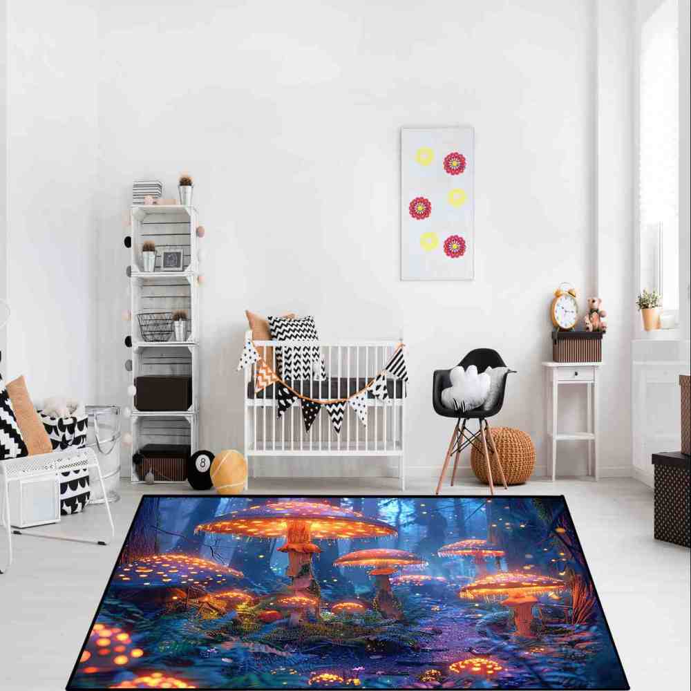 Enchanted Blue Woodland Mushroom Rug Upgrade Ultra Non-Slip | CozyLil