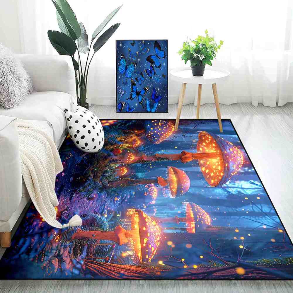 Enchanted Blue Woodland Mushroom Rug Upgrade Ultra Non-Slip | CozyLil