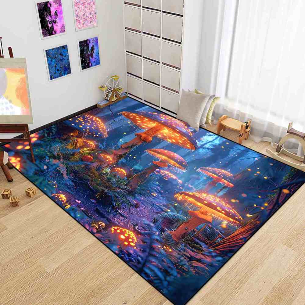Enchanted Blue Woodland Mushroom Rug Upgrade Ultra Non-Slip | CozyLil