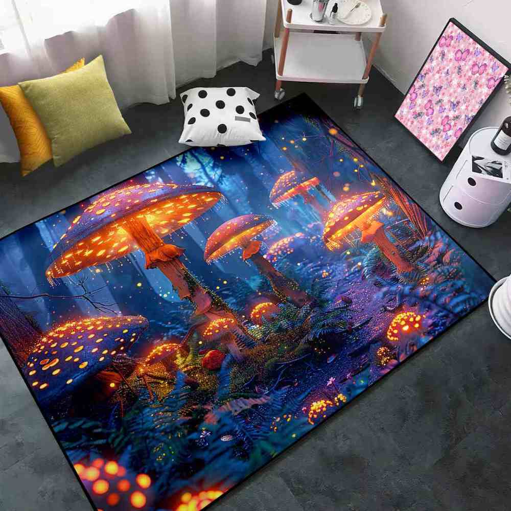 Enchanted Blue Woodland Mushroom Rug Upgrade Ultra Non-Slip | CozyLil