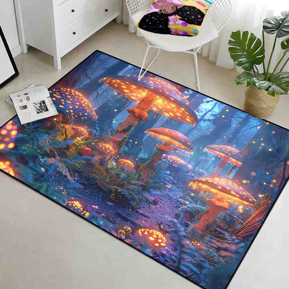 Enchanted Blue Woodland Mushroom Rug Upgrade Ultra Non-Slip | CozyLil
