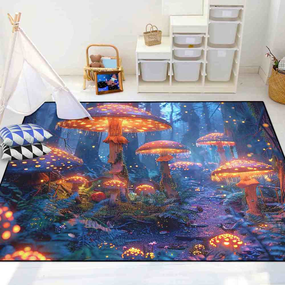 Enchanted Blue Woodland Mushroom Rug Upgrade Ultra Non-Slip | CozyLil