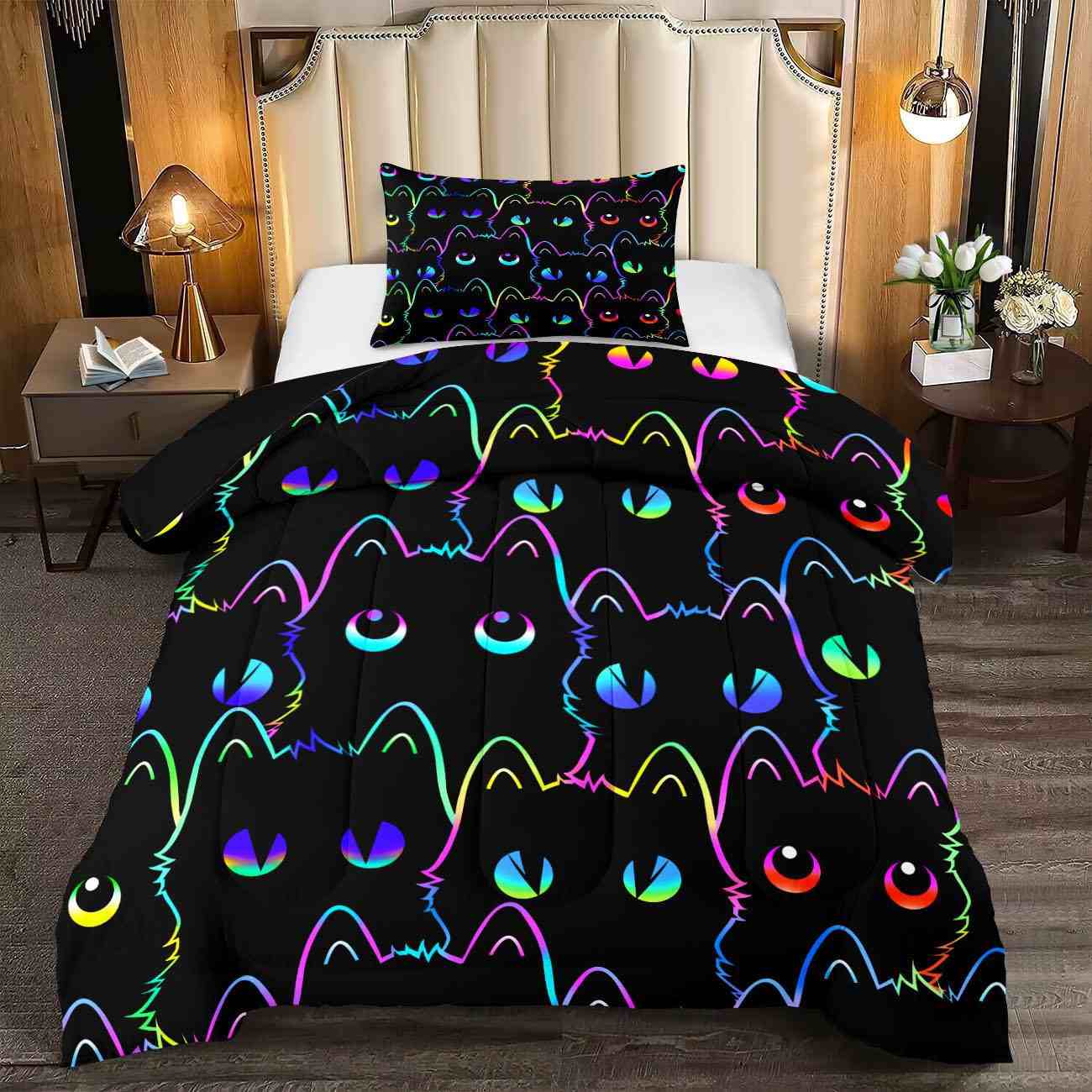 Neon Cat Eyes Kids Comforter Set Luminous Style Bedding | CozyLil
