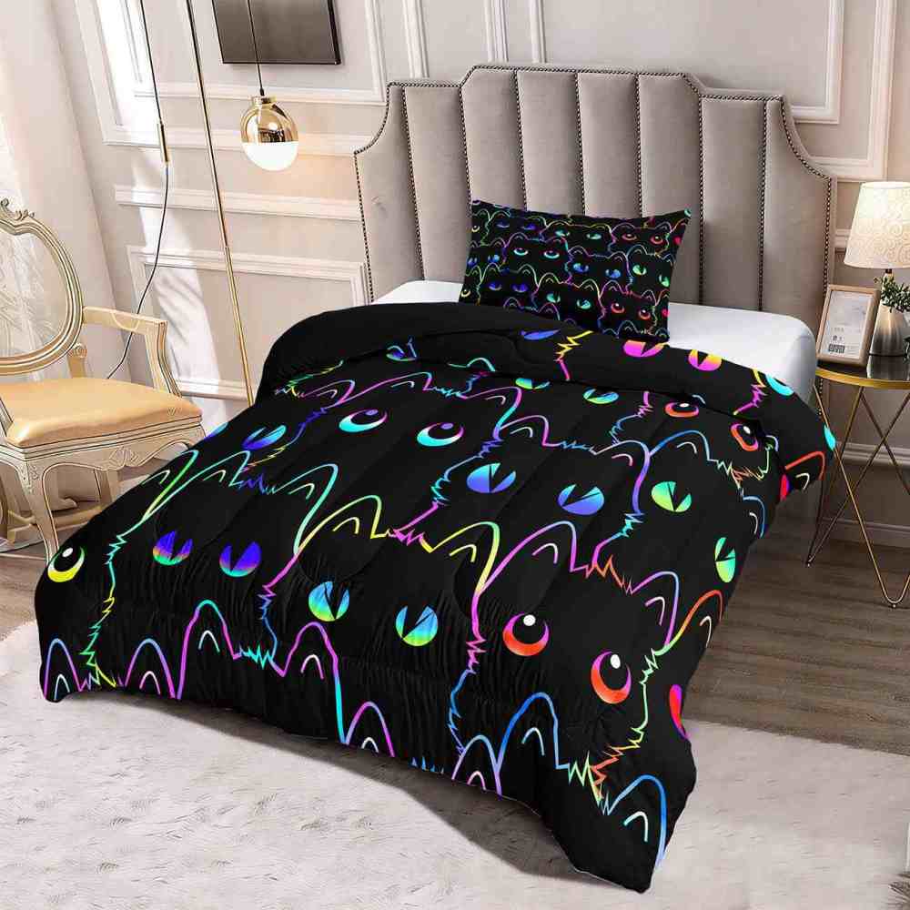 Neon Cat Eyes Kids Comforter Set Luminous Style Bedding | CozyLil
