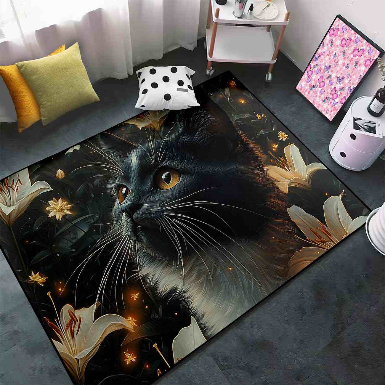 Majestic Black Cat and Lilies Printed Area Rug Living Room Decor | CozyLil