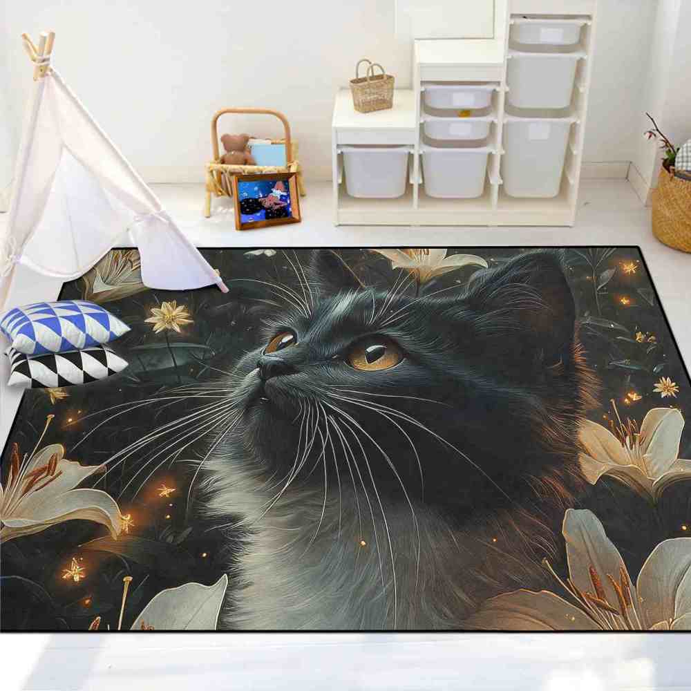 Majestic Black Cat and Lilies Printed Area Rug Living Room Decor | CozyLil