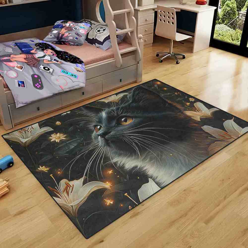Majestic Black Cat and Lilies Printed Area Rug Living Room Decor | CozyLil
