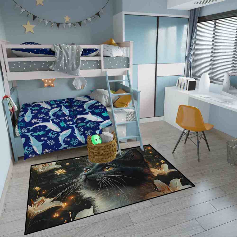 Majestic Black Cat and Lilies Printed Area Rug Living Room Decor | CozyLil