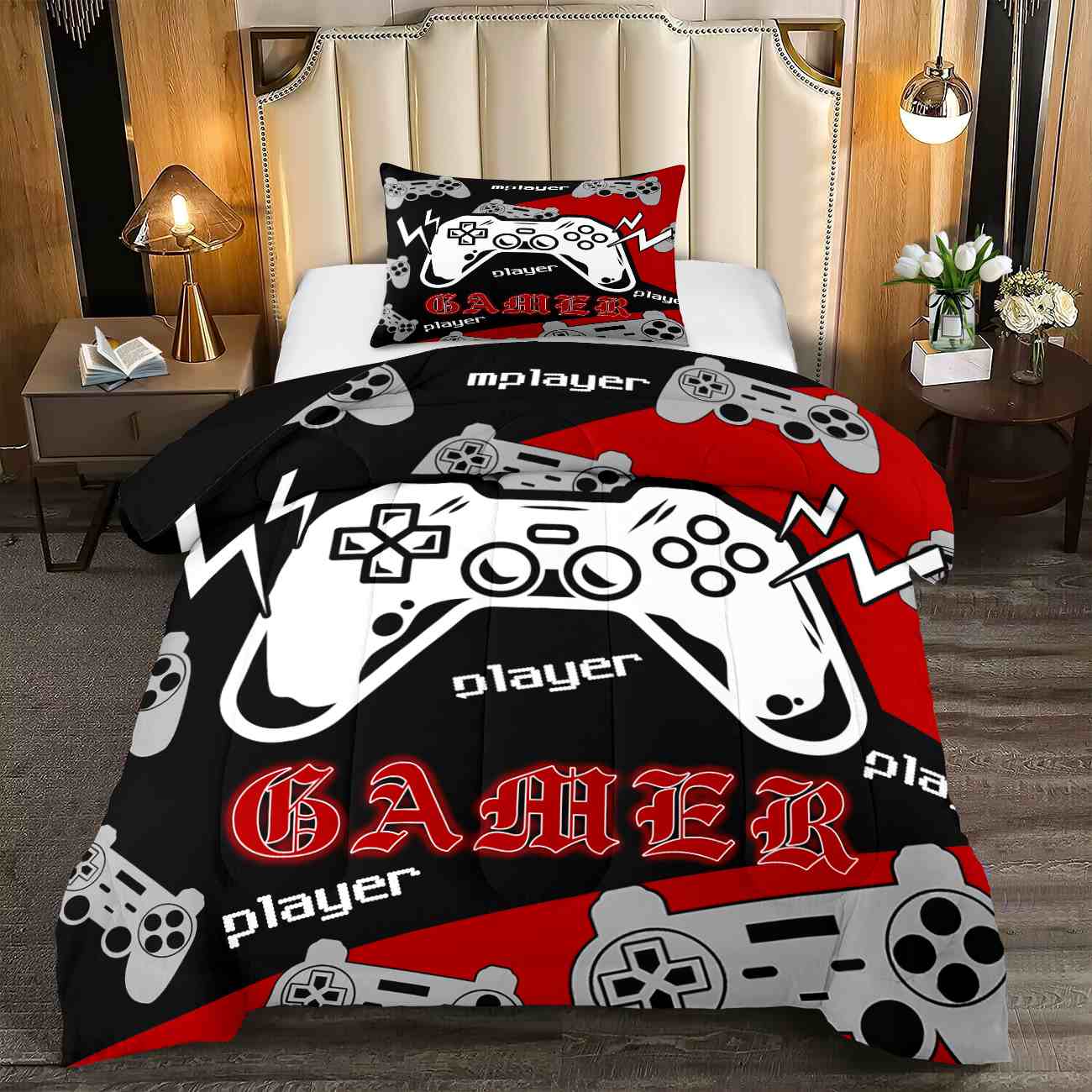 Bold Red and Black Pro Gamer Player Comforter Set | CozyLil