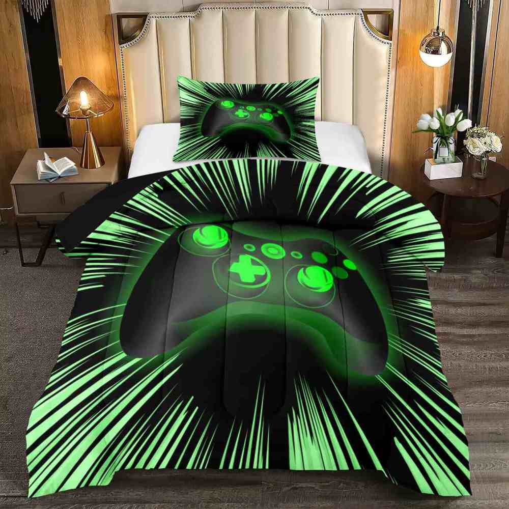 Neon Green Cyber Warp Gamer Comforter Set for Teens | CozyLil