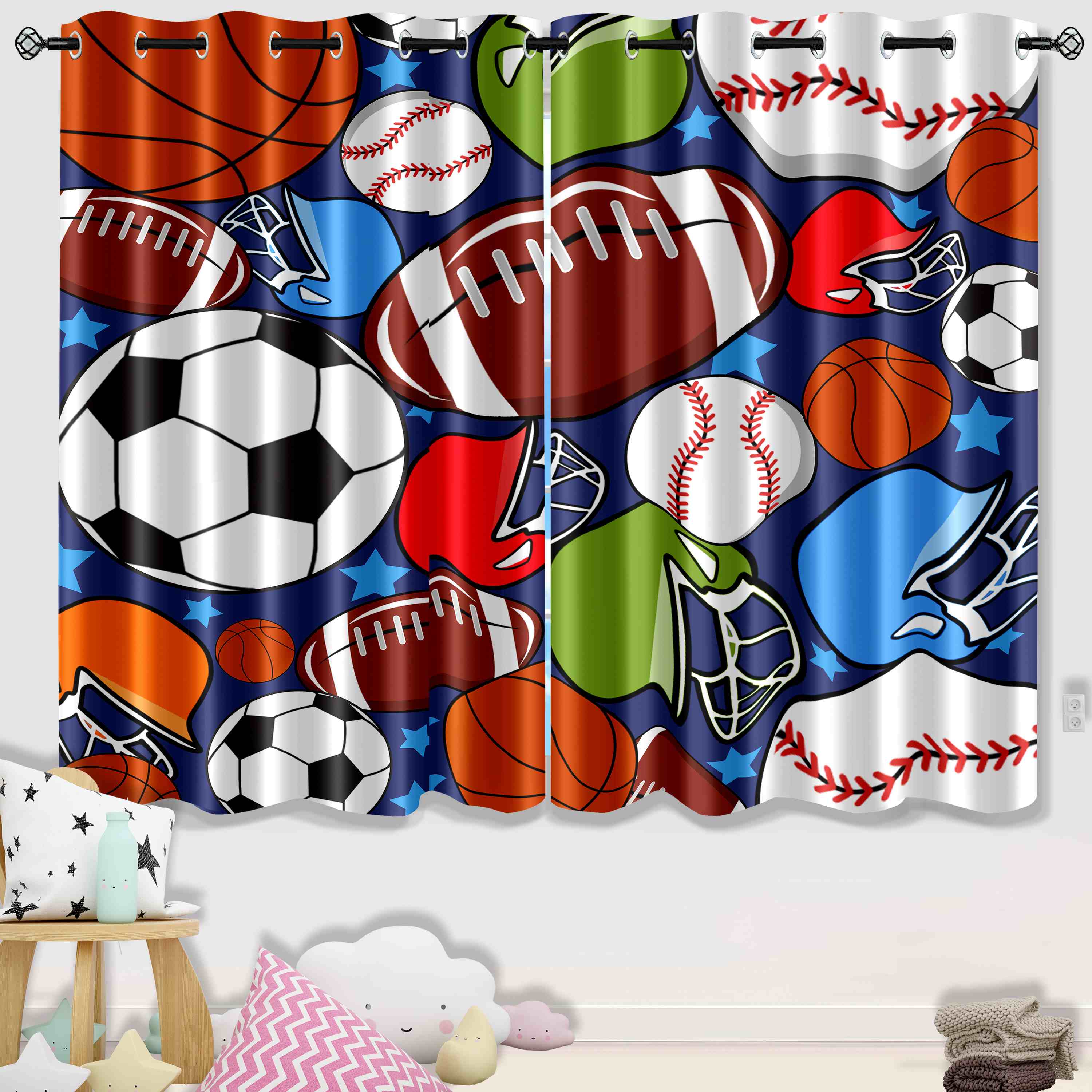 Big Sports Icons Blue Star Kids Blackout Curtains Set of 2 Panels | CozyLil