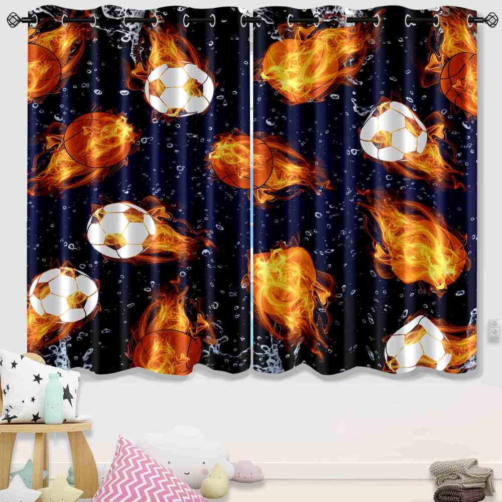 Flaming Sports Ball Fire & Water Kids Blackout Curtains 2pcs CozyLil
