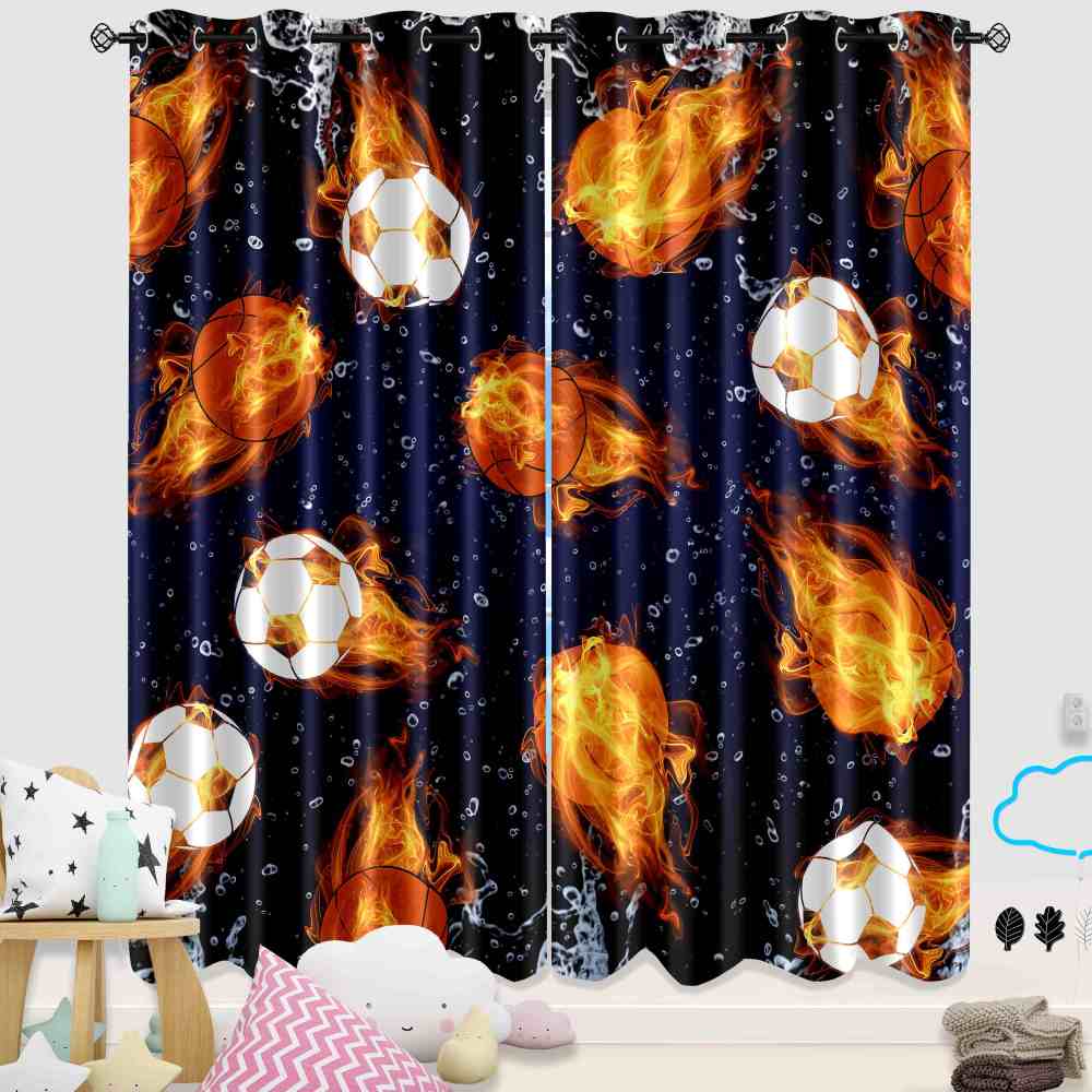 Flaming Sports Ball Fire & Water Kids Blackout Curtains 2pcs CozyLil
