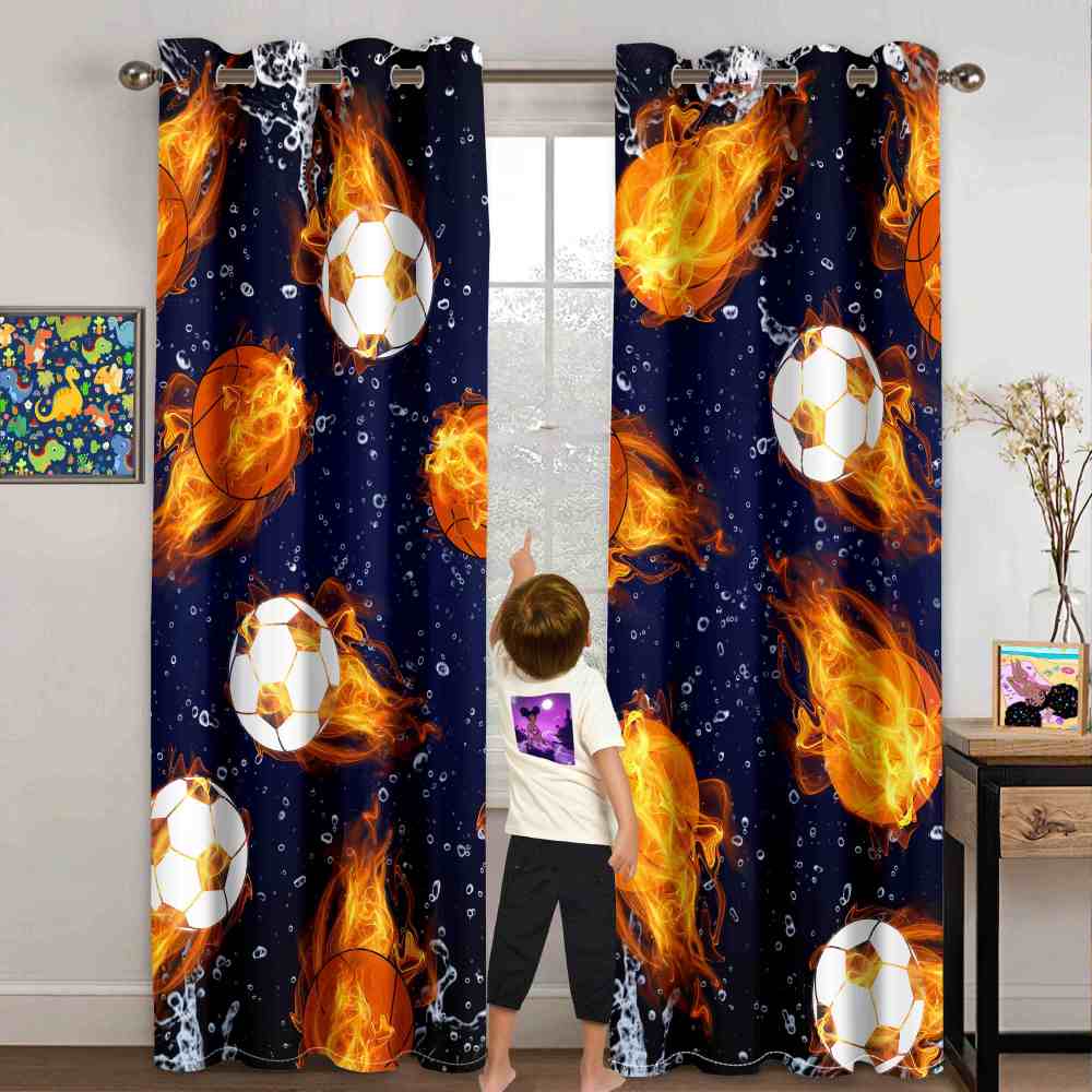 Flaming Sports Ball Fire & Water Kids Blackout Curtains 2pcs CozyLil