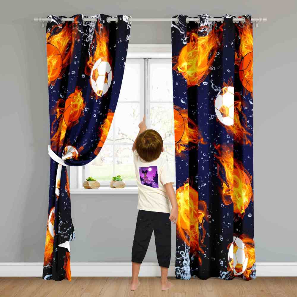 Flaming Sports Ball Fire & Water Kids Blackout Curtains 2pcs CozyLil
