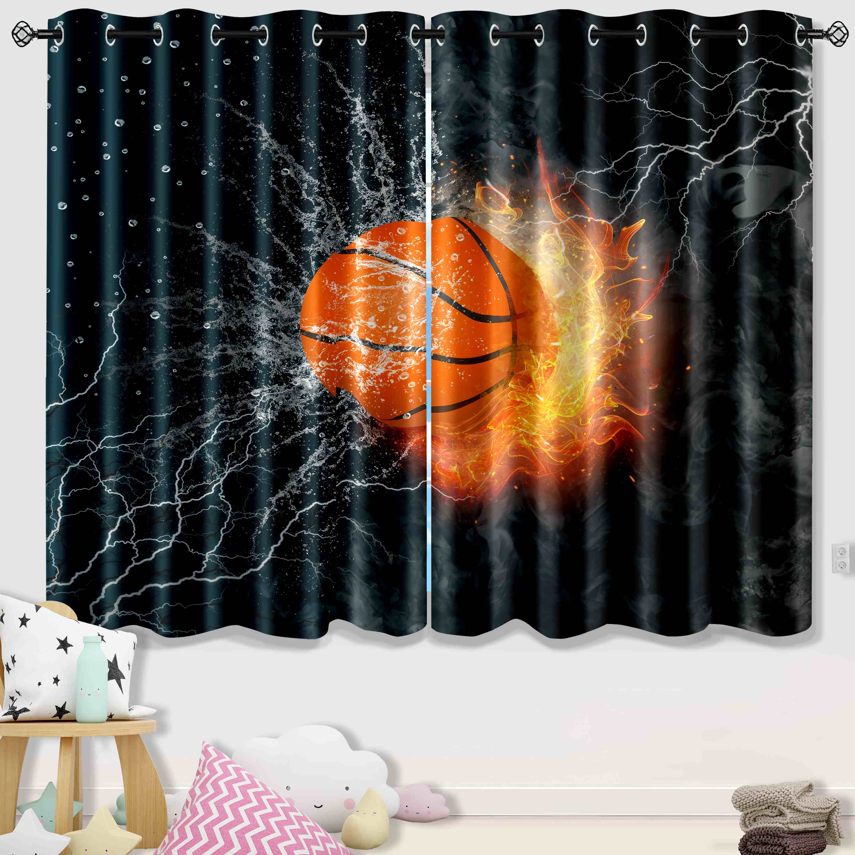 Electric Fire Basketball Lightning Kids Blackout Curtains Set of 2 | CozyLil