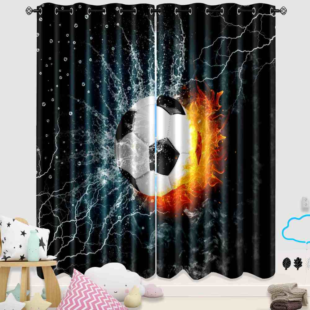 Thunder Strike Soccer Ball Fire Kids Blackout Curtains Set CozyLil