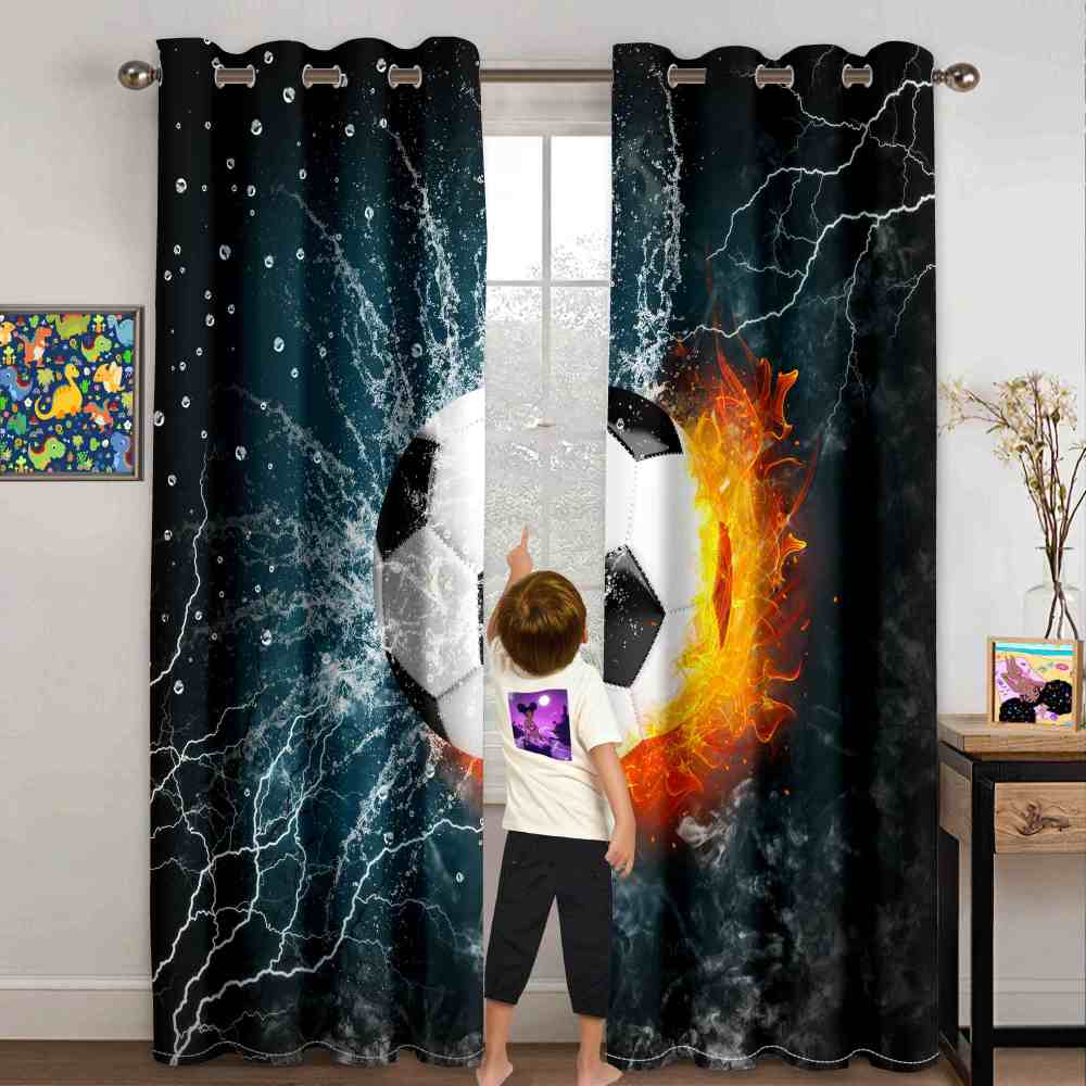 Thunder Strike Soccer Ball Fire Kids Blackout Curtains Set CozyLil