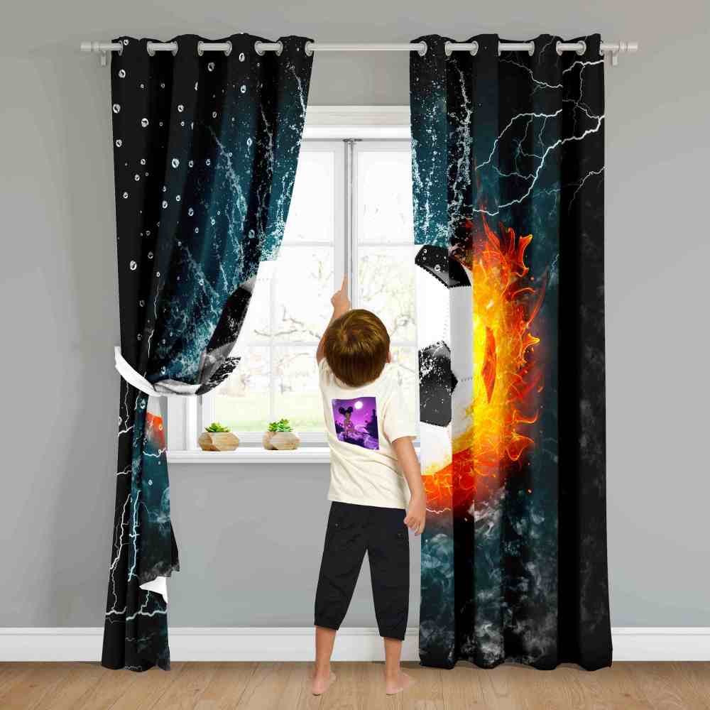 Thunder Strike Soccer Ball Fire Kids Blackout Curtains Set CozyLil
