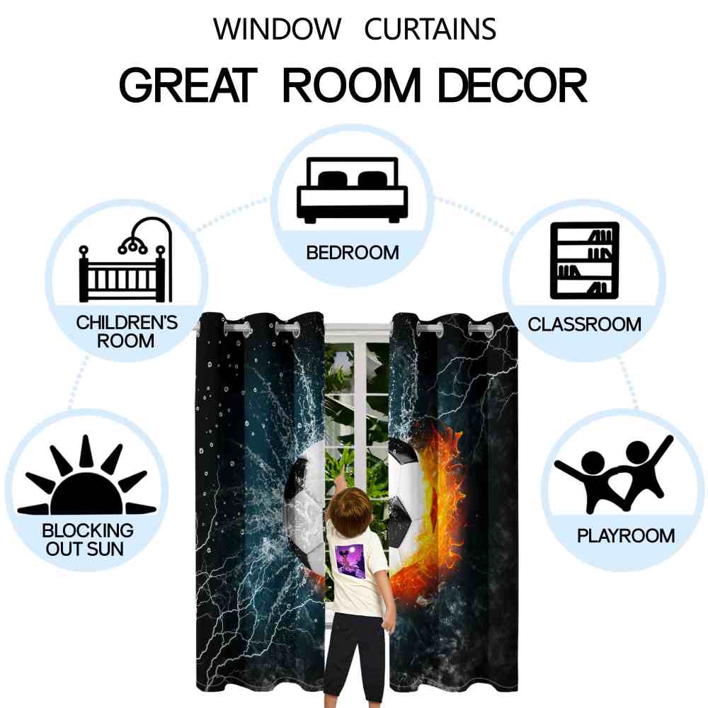 Thunder Strike Soccer Ball Fire Kids Blackout Curtains Set CozyLil