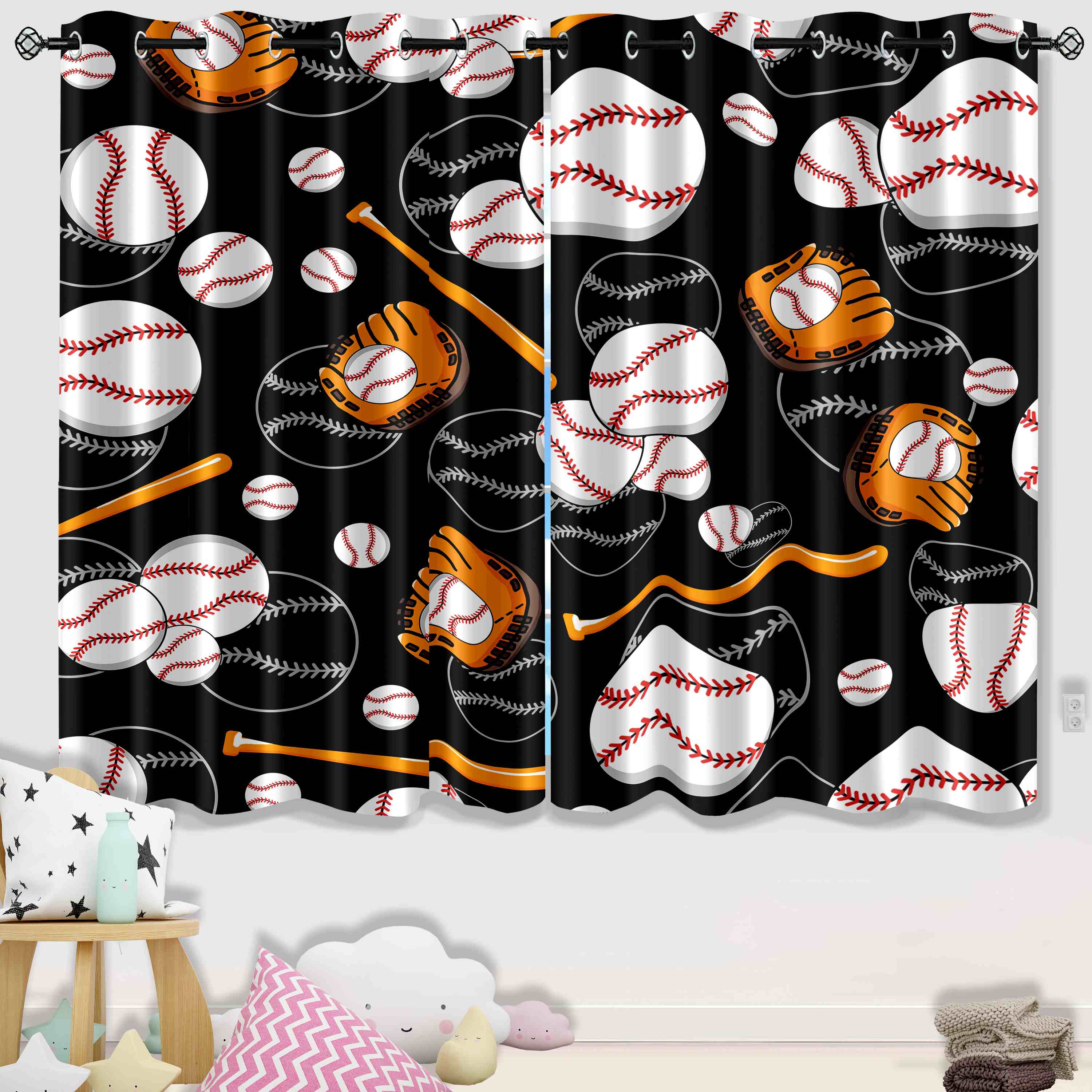 Classic Baseball & Mitt Pattern Blackout Curtains for Boys Room | CozyLil