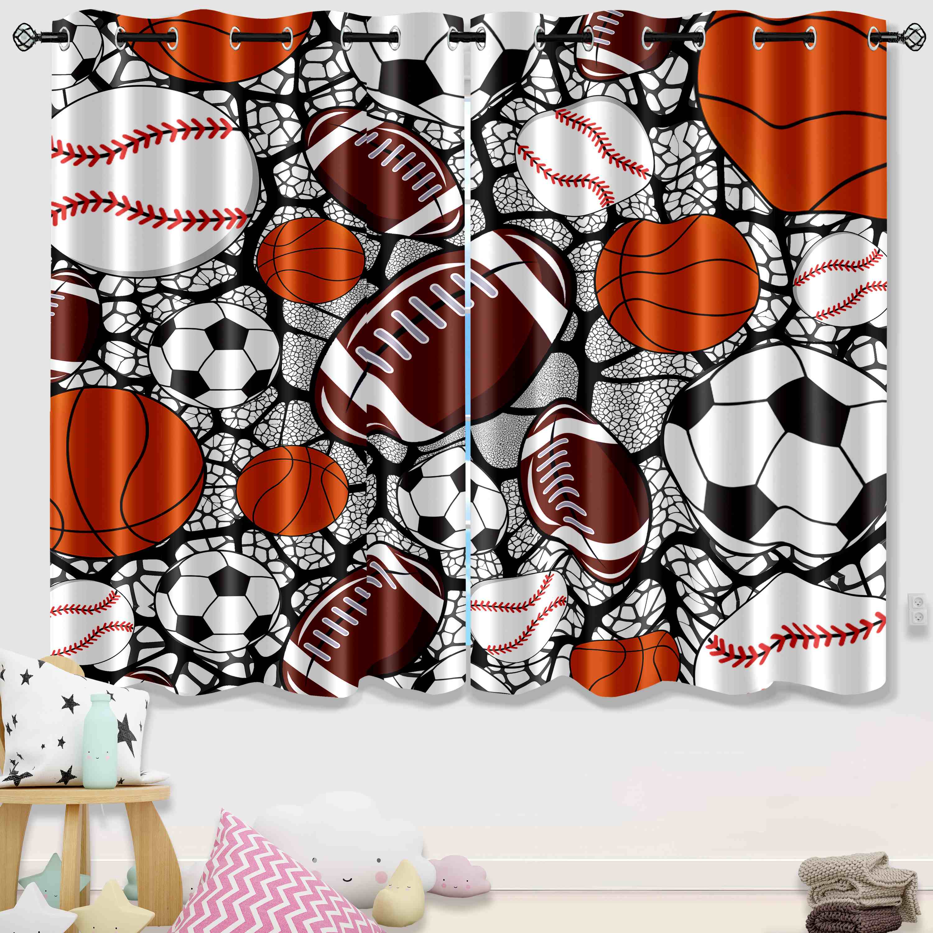 Multi-Sport Balls Collage Kids Room Thermal Curtains | CozyLil