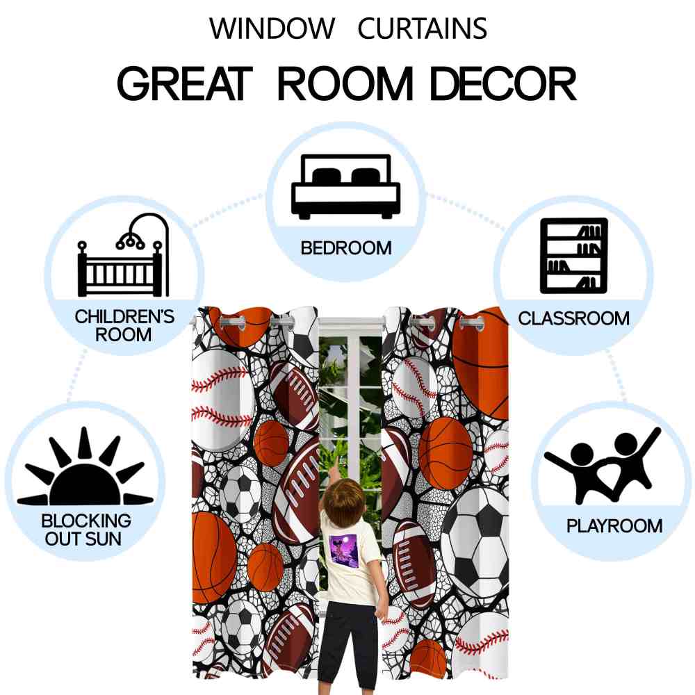 Multi-Sport Balls Collage Kids Room Thermal Curtains CozyLil