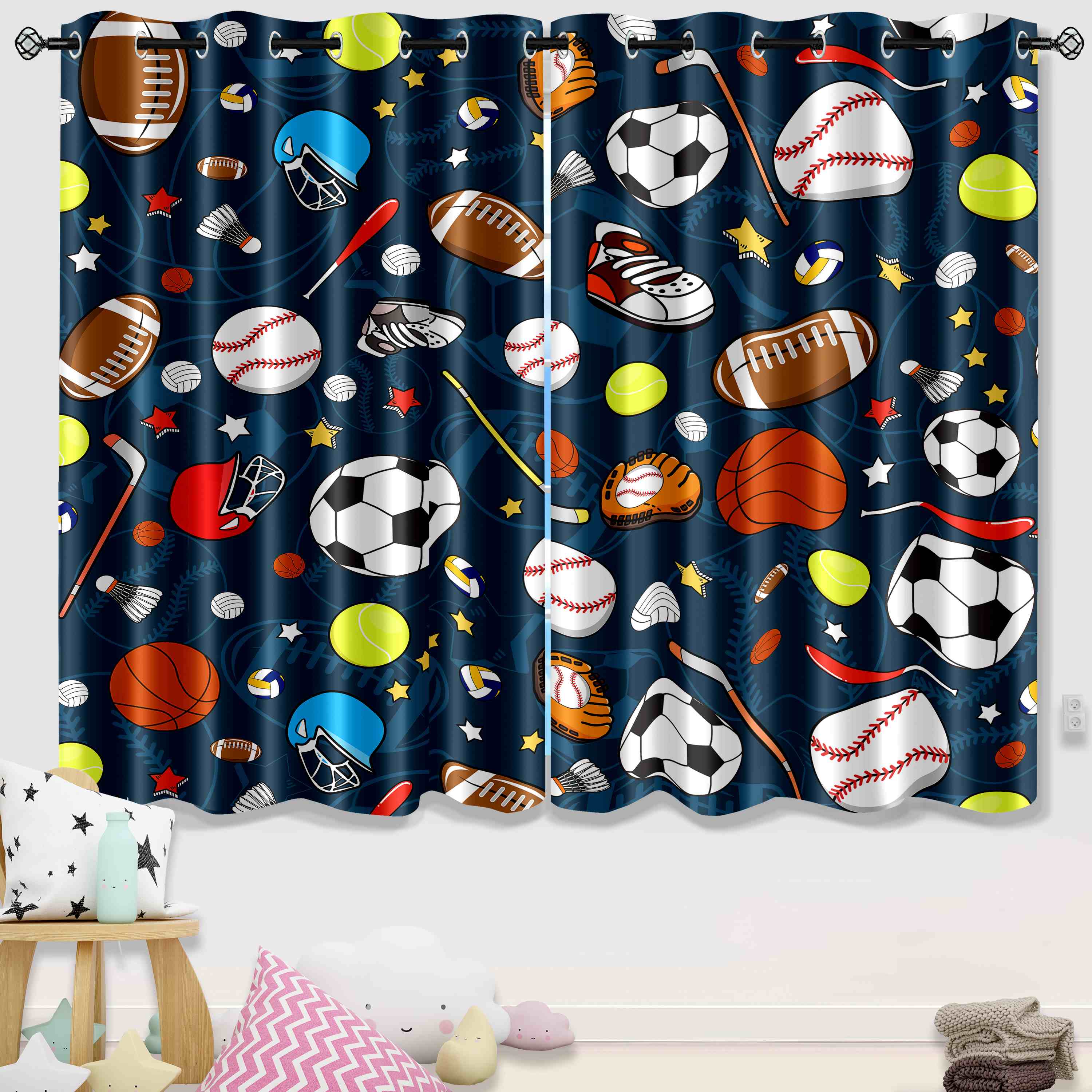 Ultimate Sports Equipment Navy Blue Kids Window Curtains | CozyLil