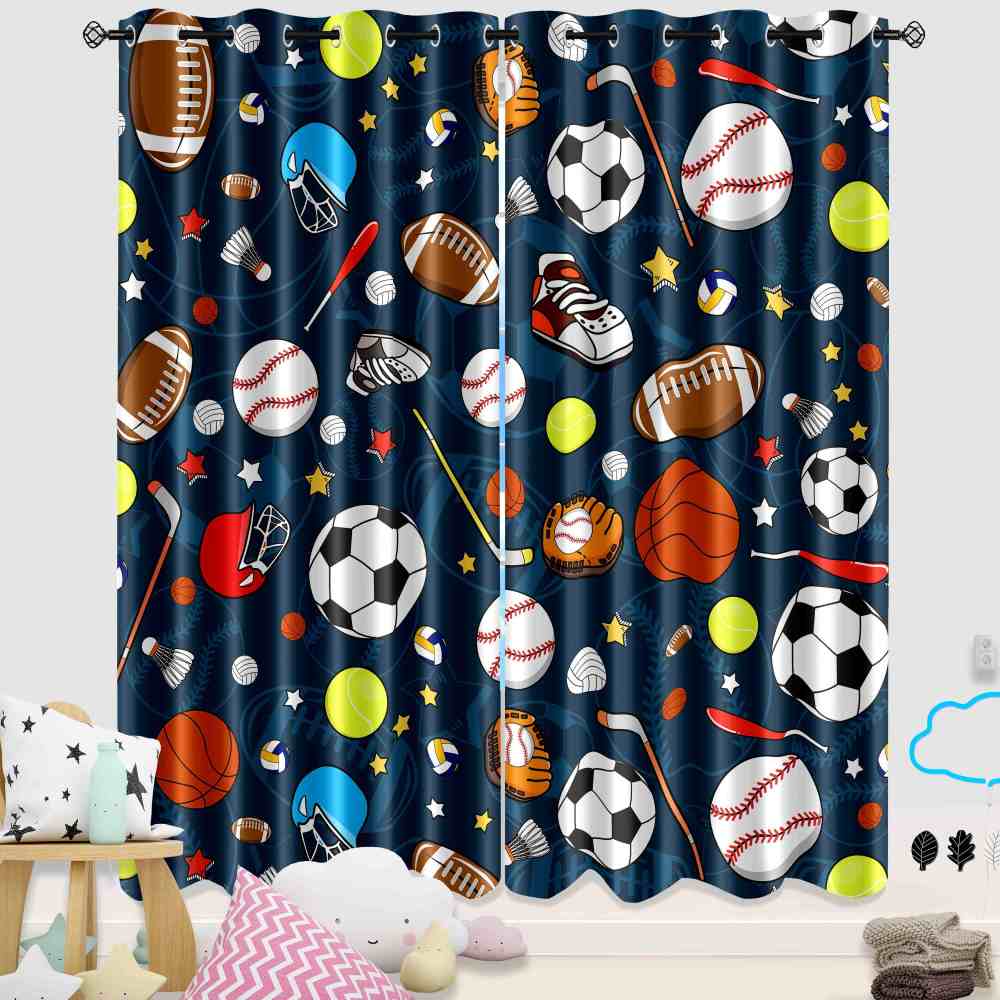 Ultimate Sports Equipment Navy Blue Kids Window Curtains CozyLil