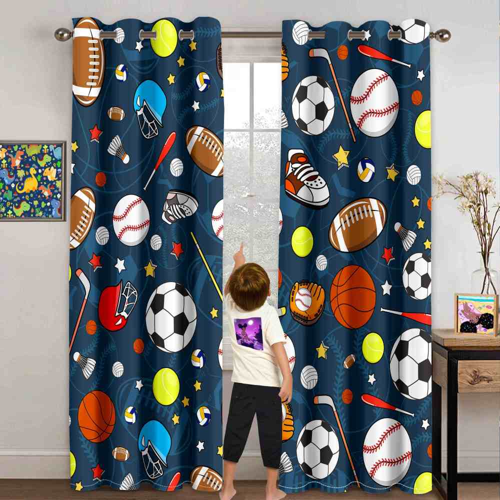 Ultimate Sports Equipment Navy Blue Kids Window Curtains CozyLil