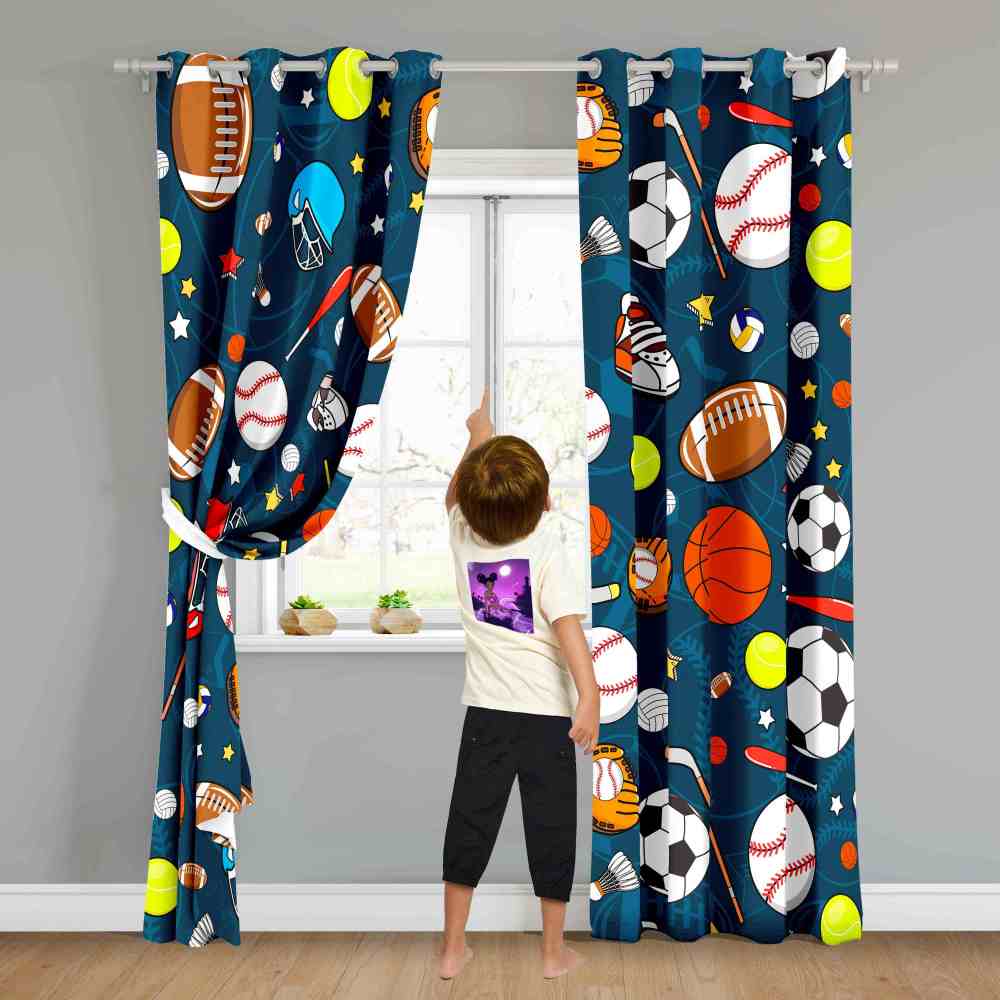 Ultimate Sports Equipment Navy Blue Kids Window Curtains CozyLil