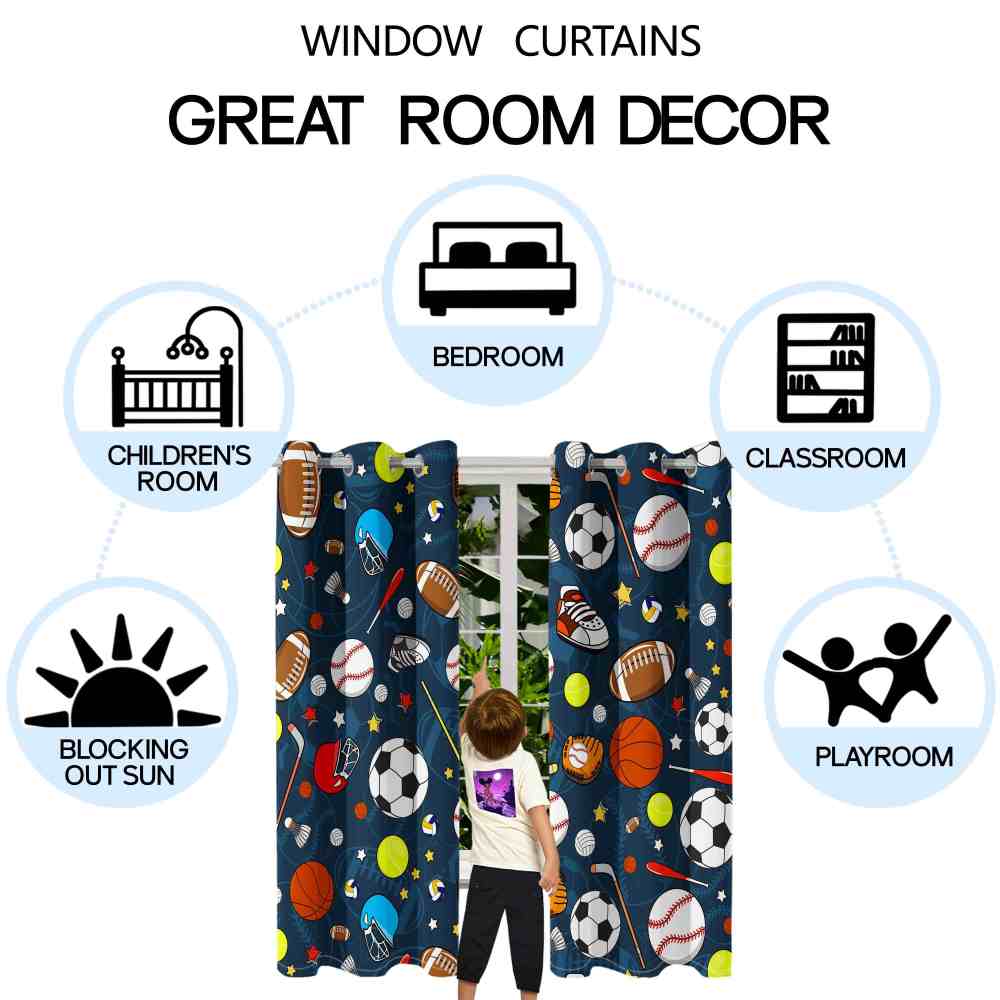 Ultimate Sports Equipment Navy Blue Kids Window Curtains CozyLil