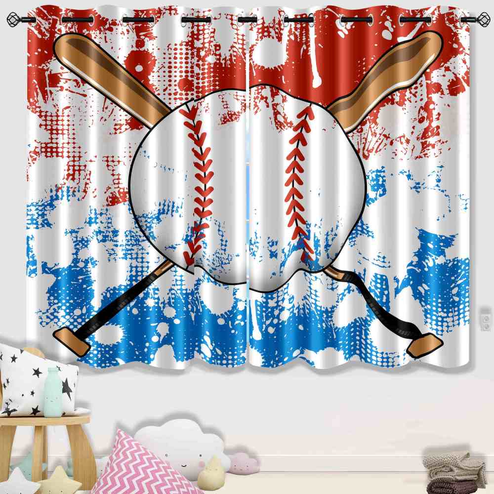 Vintage Splatter Baseball & Crossed Bats Kids Curtains CozyLil