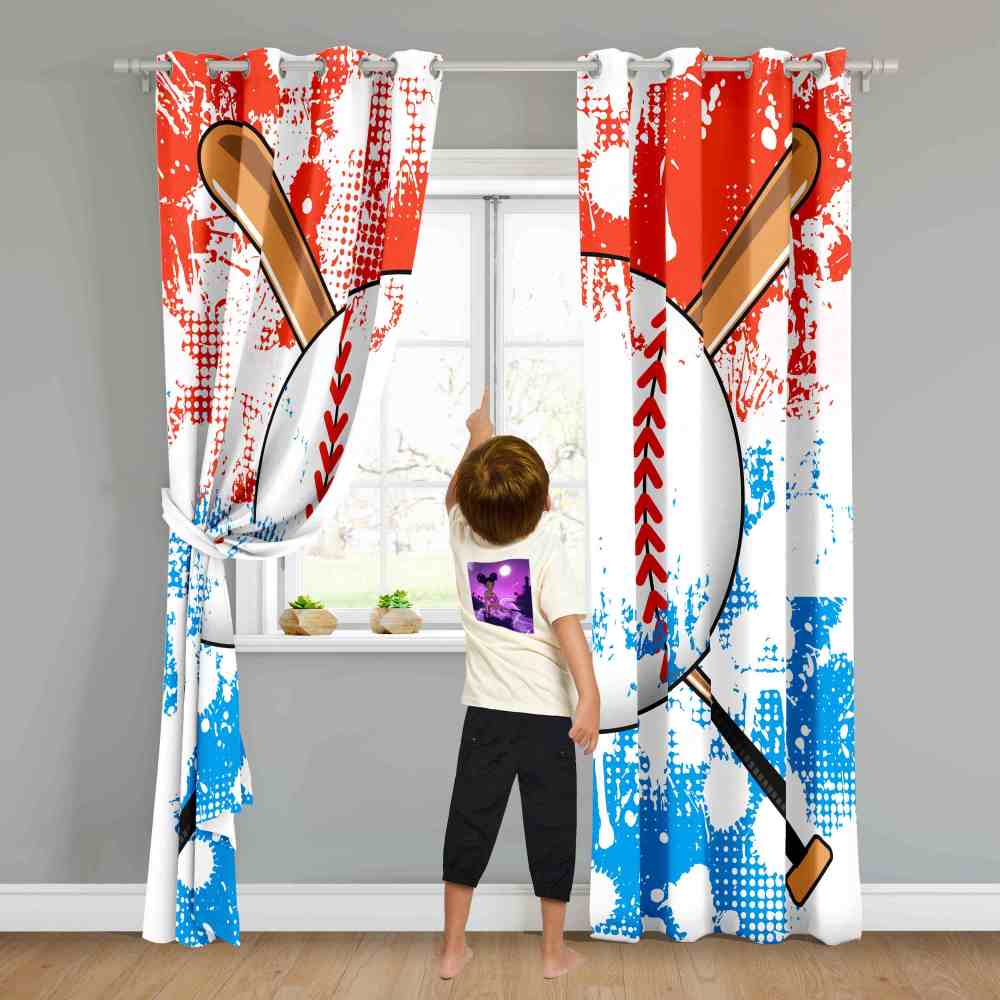 Vintage Splatter Baseball & Crossed Bats Kids Curtains CozyLil